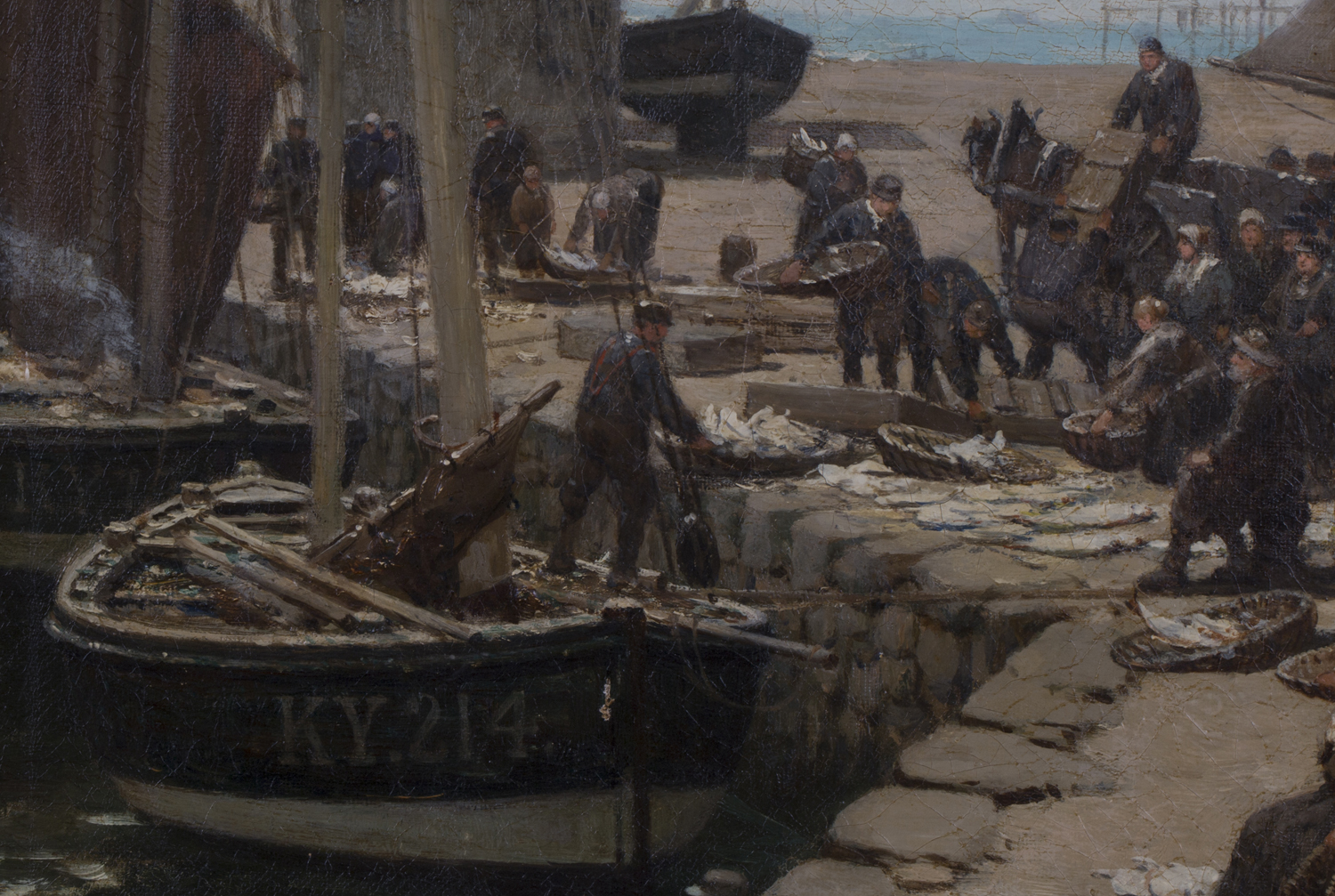 Alexander Young - Kirkcaldy Harbour with Fishing Boats and Figures on a Quayside, 19th century oil - Image 4 of 6