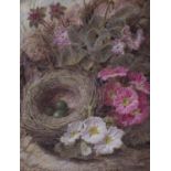 Oliver Clare - Still Life with Bird's Nest and Flowers, 19th century oil on board, signed, 19.5cm