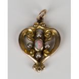 A 9ct gold, opal and seed pearl pendant in a scrolling design, length 2.8cm.Buyer’s Premium 29.4% (