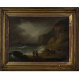 Circle of George Morland - Coastal Landscape with Figures, Horseman and Sailing Vessels, 19th