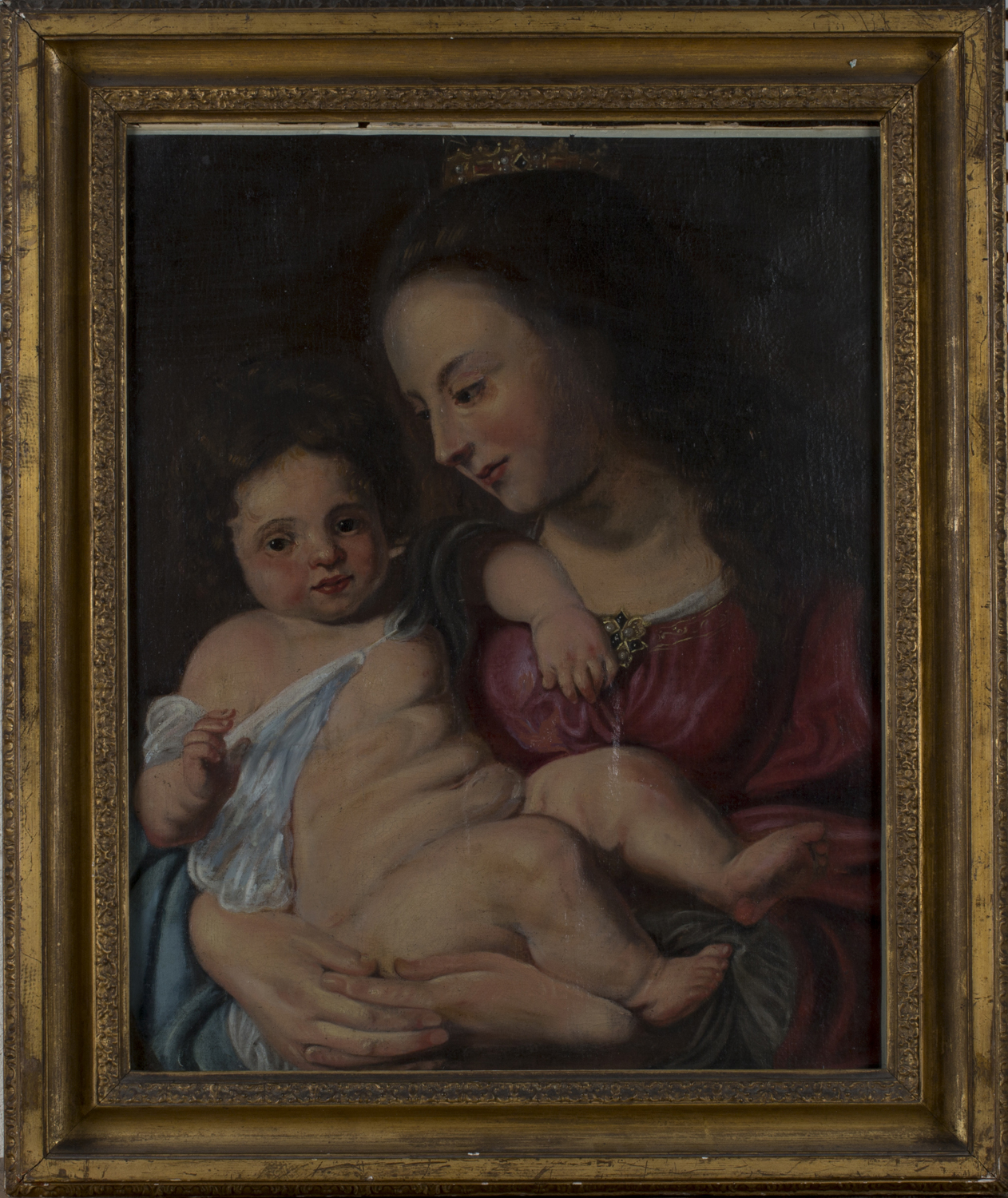 After Peter Paul Rubens - Virgin and Child, 18th century oil on canvas, 59.5cm x 47cm, within a gilt