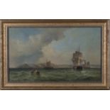 British School - Coastal Scene with Boats and Ships, Lighthouse and Distant Town, 19th century oil