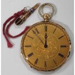 A gold and enamel cased keywind open-faced lady's fob watch, the gilt cylinder movement detailed '