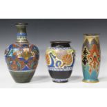 Three Gouda pottery vases, late 19th century and later, comprising a Purdah pattern tapering