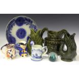 A collection of assorted ceramics and glass, including two Dartmouth green glazed gurgling