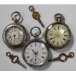 A silver cased keyless wind open-faced lady's fob watch with a gilt cylinder movement, the inner and