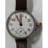 A silver circular cased gentleman's wristwatch, the jewelled movement numbered '98719', the enamel