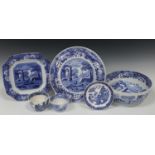 A mixed group of Copeland 'Spode's Italian' pattern blue printed wares, including two circular