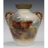 A Royal Worcester porcelain two-handled vase, circa 1913, painted by H. Stinton, signed, with two