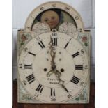 An early 19th century oak longcase clock with eight day movement striking on a bell, the painted