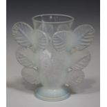 A Pierre D'Avesn Art Deco opalescent glass vase, relief moulded with leaves to the tapered
