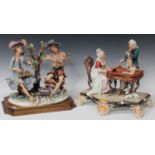 A Continental pottery figure group, early 20th century, modelled as a lady playing a harpsichord and