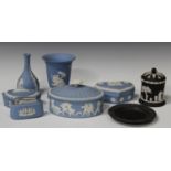 A small group of Wedgwood jasperwares, late 20th century, comprising a pale blue oval box and cover,