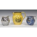 A canary yellow ground silver lustre decorated jug, probably Welsh, dated 1810, printed in black