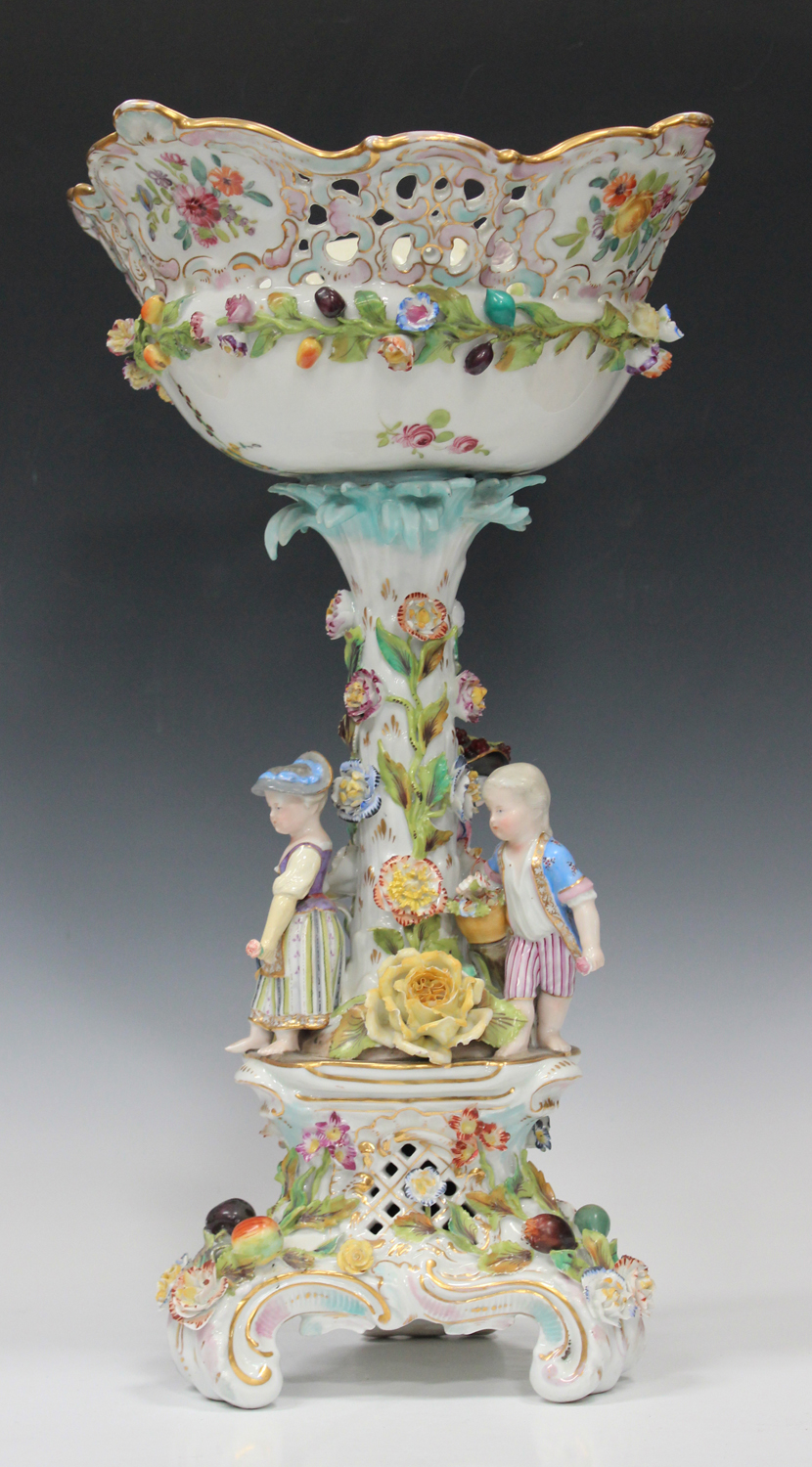 A Potschappel floral and fruit encrusted figural centrepiece, late 19th century, the pierced - Image 3 of 4