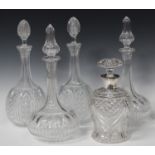 A silver mounted cut glass decanter and stopper, London 1938, height 21.5cm, together with two pairs