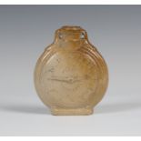 An unusual Fulham Pottery stoneware flask, 19th century, of flattened circular form, a clock face to