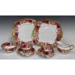 A Royal Albert Old English Rose pattern part tea service, comprising two cake plates, sugar bowl,
