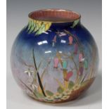 A Carlton Ware Bluebells pattern lustre globular vase, pattern No. '3872', black printed, painted