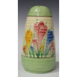 A Clarice Cliff Spring Crocus pattern sugar caster of ribbed tapering ovoid shape, black printed