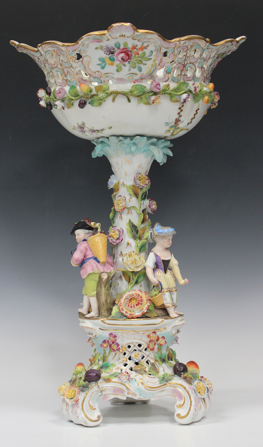 A Potschappel floral and fruit encrusted figural centrepiece, late 19th century, the pierced - Image 4 of 4