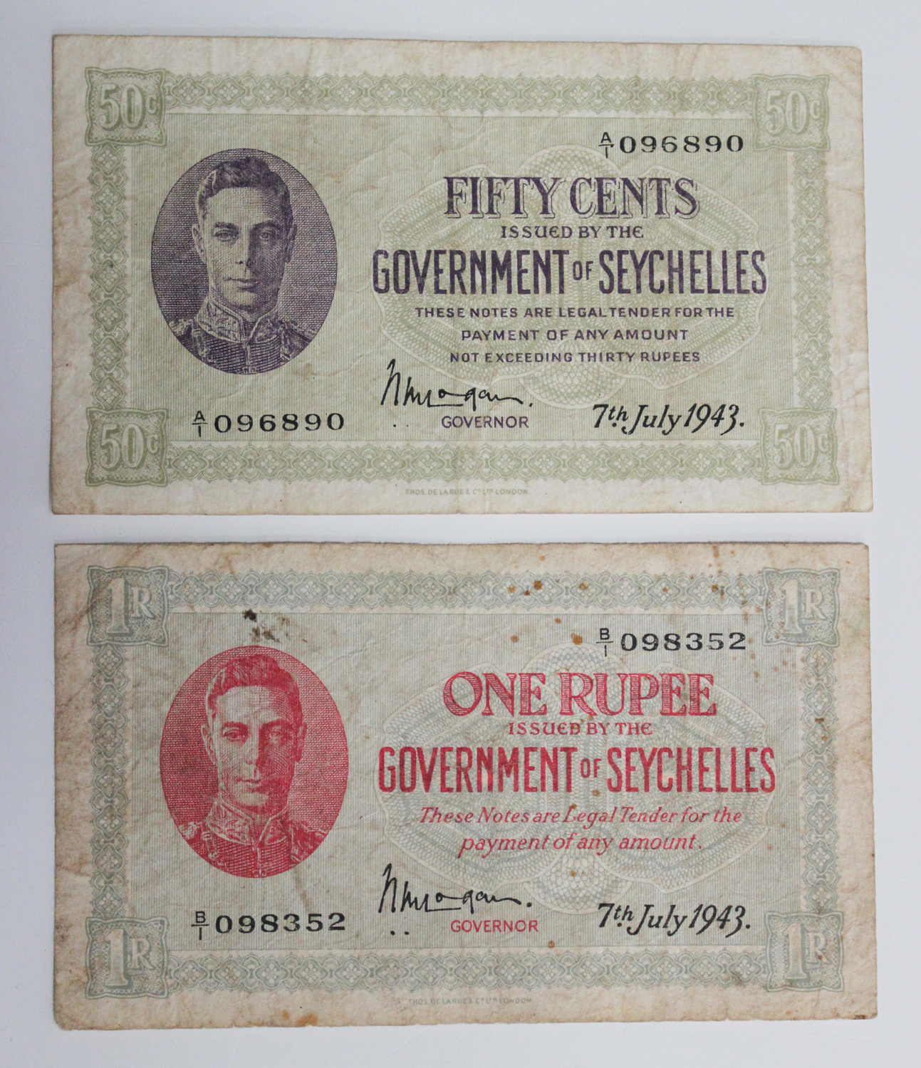 Two Seychelles banknotes, comprising fifty cents and one rupee, both issued by the Government of