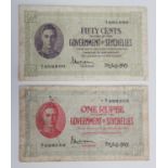 Two Seychelles banknotes, comprising fifty cents and one rupee, both issued by the Government of