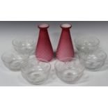 A pair of Stourbridge pink satin quilted diamond air trap vases, late 19th century, of tapered