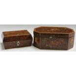 A George III burr yew canted rectangular box with painted rose sprays and boxwood stringing, width