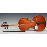 A group of four violins, comprising one bearing interior label detailed 'Sebastien Kloz An 1700',