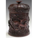 A late 19th century South-east Asian carved hardwood tea canister, probably Singaporean, the domed