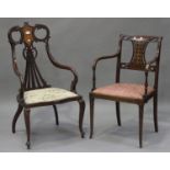 An Edwardian Neoclassical Revival mahogany and inlaid salon armchair, height 104cm, width 57cm (