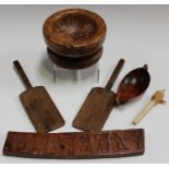 A small group of mainly 19th century treen items, including a carved pine scoop, a burr wood