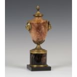 A 19th century Blue John and gilt bronze mounted ornamental urn, the pineapple and stiff leaf finial