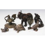 A modern cast bronze model of an elephant, height 19cm, a cast metal model of a frog, height 15cm,