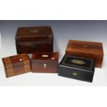 A Victorian walnut and brass bound writing slope, width 30cm, a Victorian walnut tea caddy with