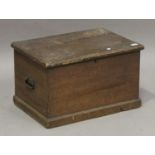 A 20th century stained pine tool chest, the hinged lid revealing a removable tray, on a plinth base,