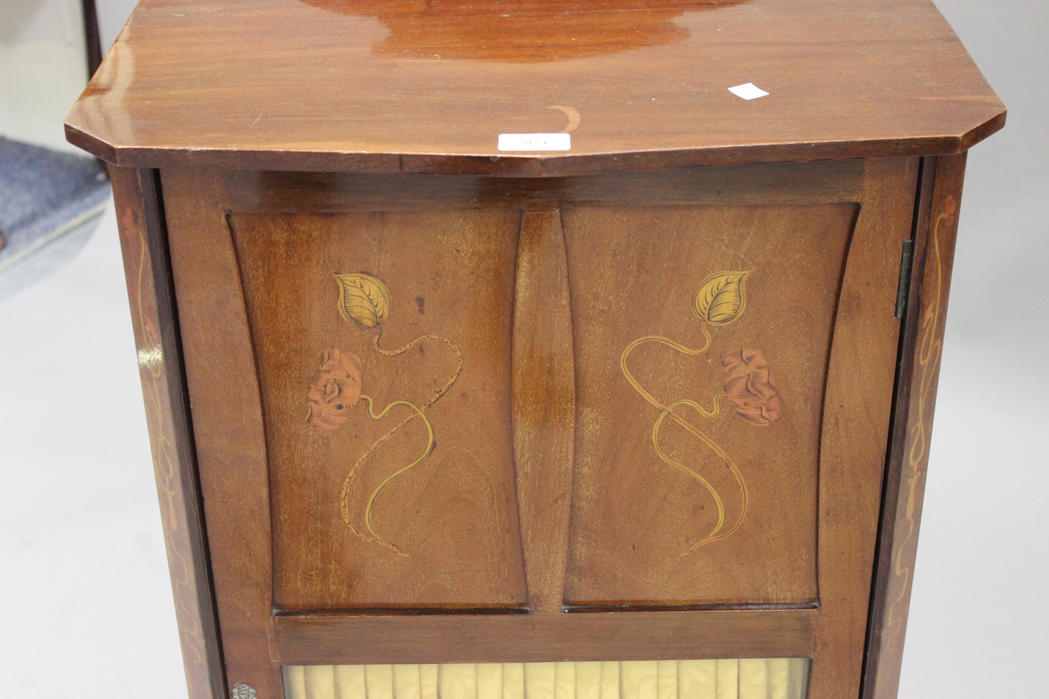 An Edwardian Art Nouveau mahogany music cabinet with foliate inlaid decoration, fitted with a glazed - Image 2 of 2