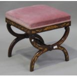 A 19th century Dutch floral marquetry mahogany 'X' frame stool, the seat overstuffed in pink velour,