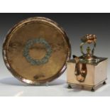 A Victorian copper and brass mounted teapot of unusual rectangular form, the body marked 'VR' to