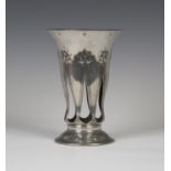 A Liberty & Co 'Tudric' pewter vase of flared trumpet form, model number '01040', the pierced body