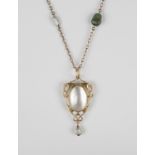 A Murrle Bennett & Co 15ct gold and pearl set pendant necklace, mounted with a principal oval