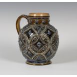 A Doulton Lambeth stoneware jug, dated 1875, the globular body relief decorated with beaded panels
