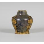 A Keller & Guerin Luneville gilt metal mounted lustre pottery vase, circa 1900, the bulbous body