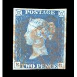 A Great Britain 1840 2d blue stamp, used, red Maltese Cross with 3 good margins, cut close bottom