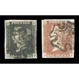 A Great Britain 1841 1d black stamp and 1d red brown stamp matched pair Plate II, 1d black 3