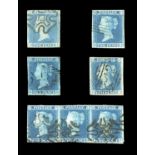 Four Great Britain 1841 2d blue stamps, fine used with 4 margins, together with a strip of three