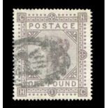 A Great Britain 1878 £1 brown lilac stamp (SG 129) used oval R (registered) cancel.Buyer’s Premium