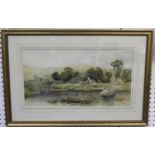Joseph Charles Reed - Haymaking Scene with River and Church, 19th century watercolour, signed and