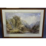 Cornelius Pearson - Landscape with Mountains, Lake and Figures on a Path, watercolour, signed and